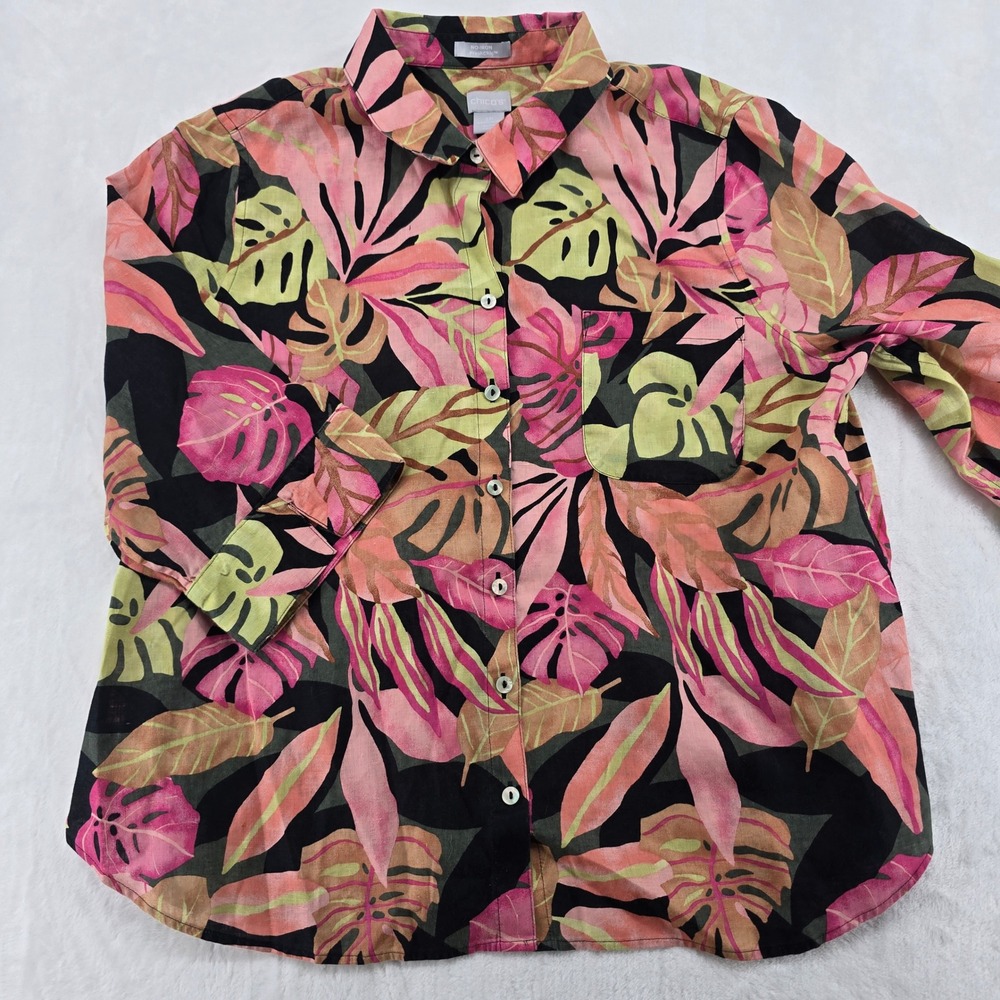 Chico's Button Up Womens 3P Blouse Multicolor Tropical No-Iron FreshChic Leaf
